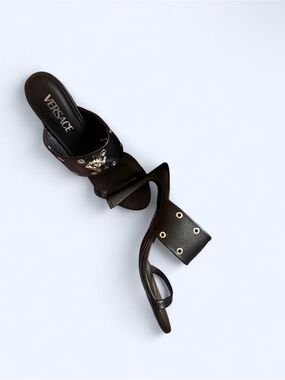 Versace Black Leather Medusa Grommet Block Heel Slides
